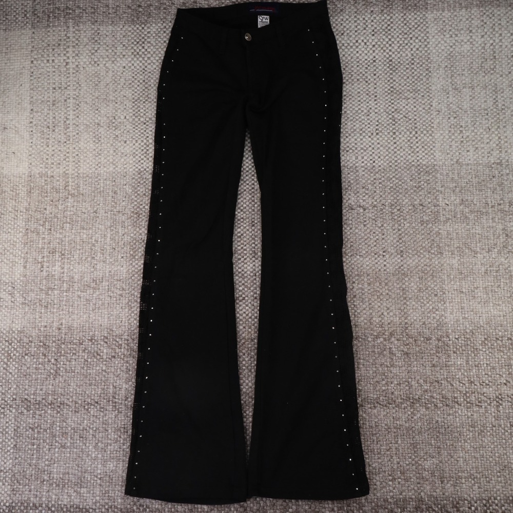 JW Maxx Flare Leg Pants Womens Medium Black Good Rhinestone Mesh Trim Mid Rise